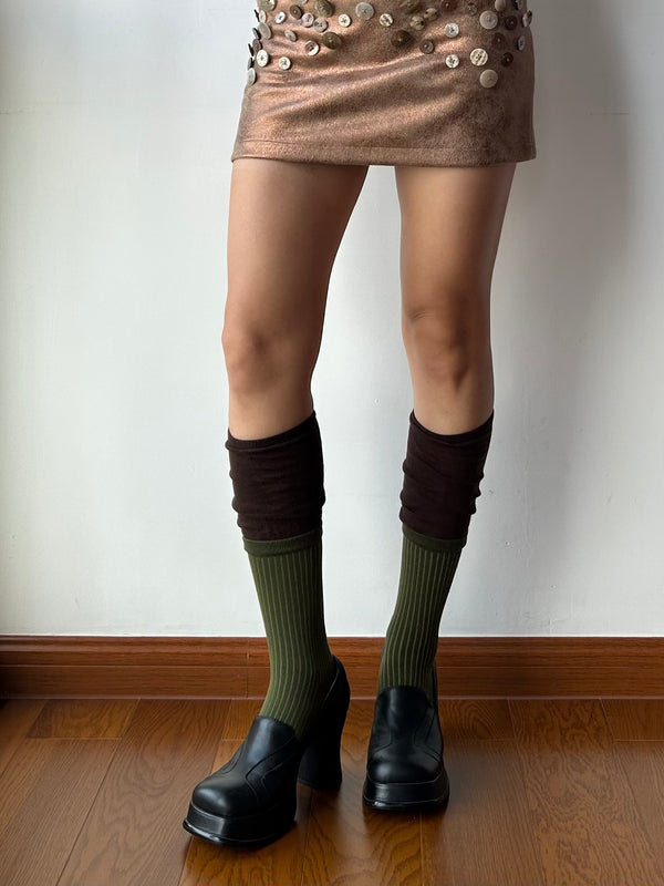 Olive Green+Brown Contrasting  Knee High Socks