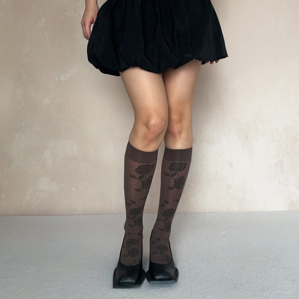 Brown Floral Velvet Knee High Socks