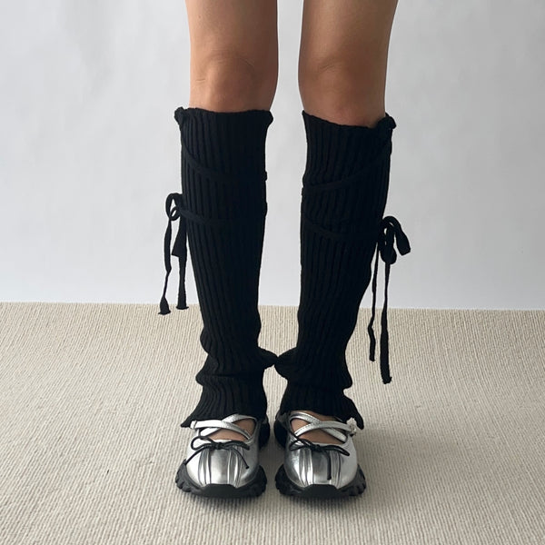 Black Knitted Bow Deco Leg Warmers