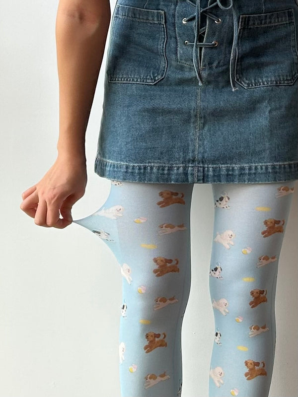 Illustration Collab-Blue Happy Puppies Print Velvet Tights