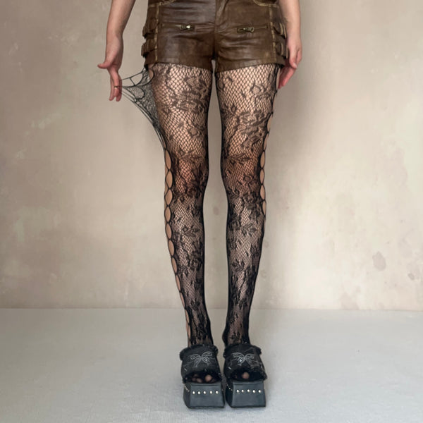 Black Floral Pattern Cut Out Fishnet Tights