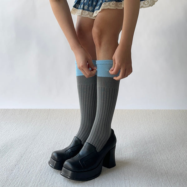 Blue+Grey Cotton Knee High Socks