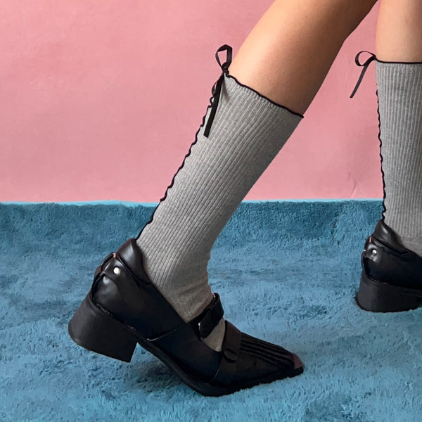 Grey Bow Deco Cotton Knee High Socks