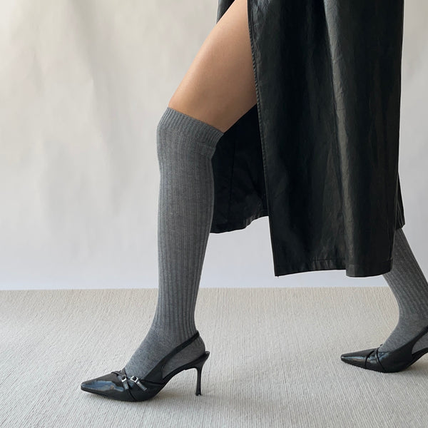 Grey Wool Blend Knitted Over the Knee Socks