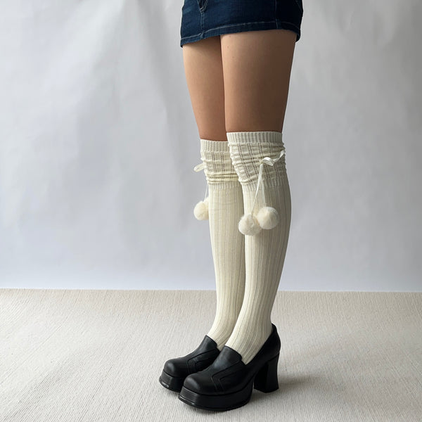 Beige Ball Deco Knitted Cotton Over the Knee Socks