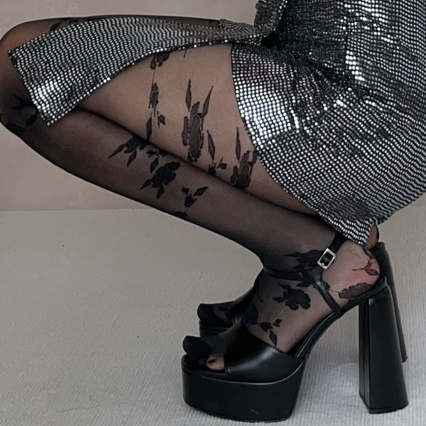 Black Floral Pattern Sheer Tights