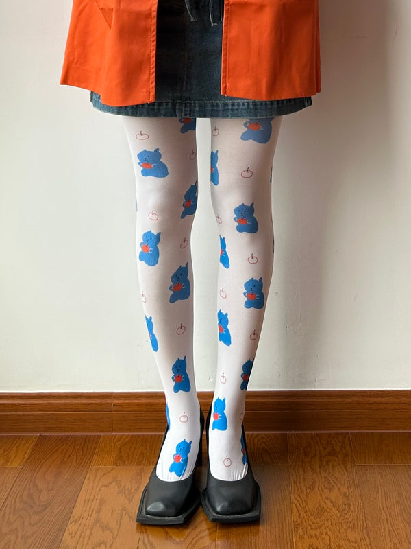 Illustration Collab-White Bear Print Velvet Tights