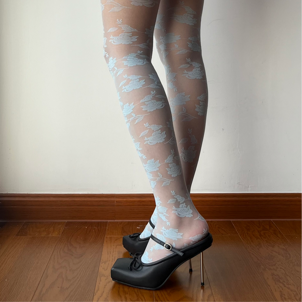 Light Blue Floral Pattern Sheer Tights