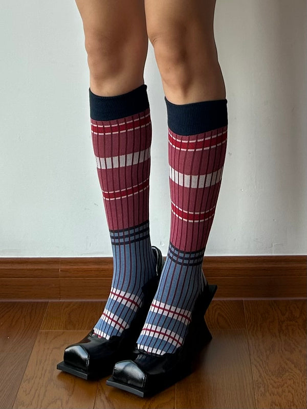 Blue + Red Stripe Cotton Knee High Socks