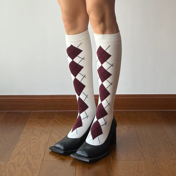 White Check Pattern Cotton Knee High Socks