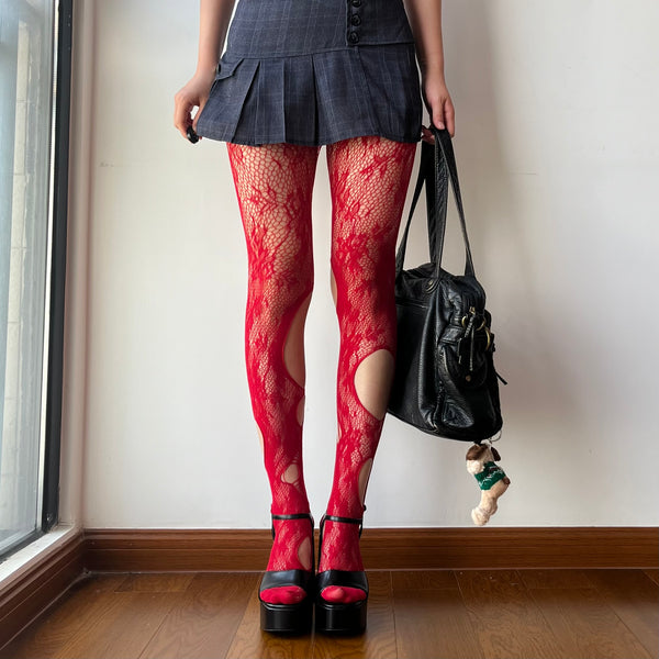 Red Ripped Fishnet Tights