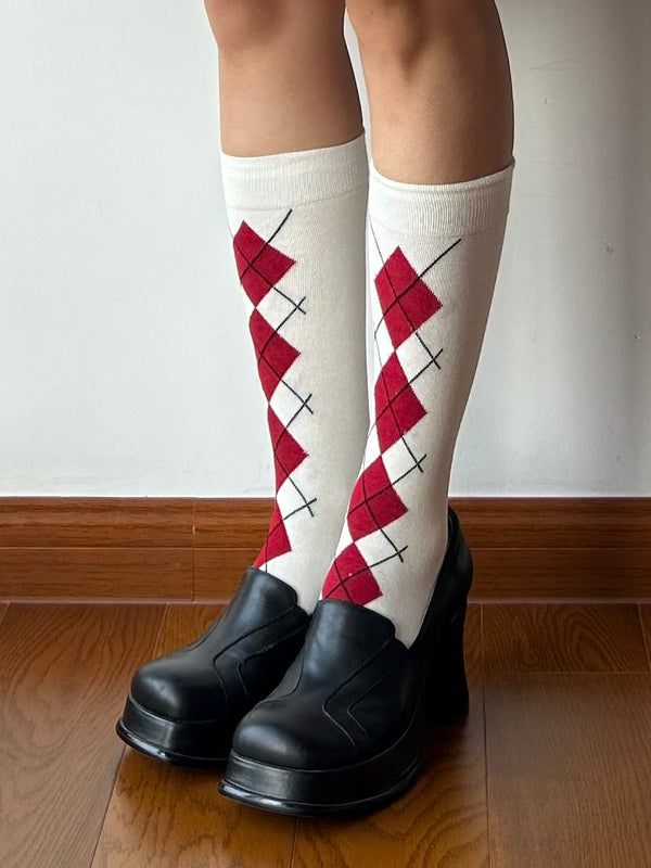 White Check Pattern Cotton Knee High Socks