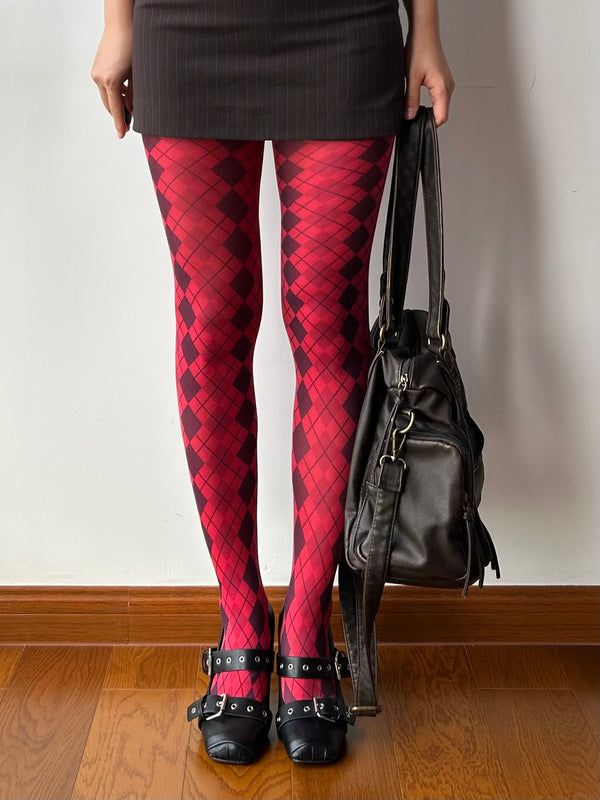 Red Check Print Velvet Tights