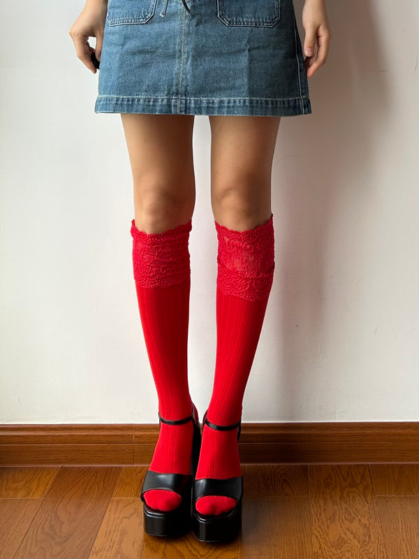 Red Lace Edge Knee High Socks