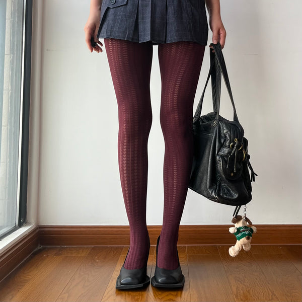 Burgundy Heart Pattern Textured Tights