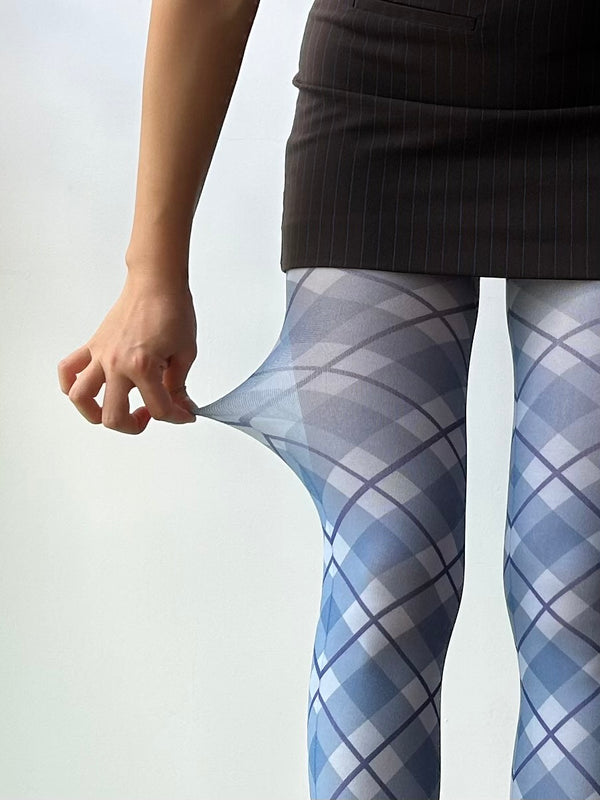 Blue Check Pattern Print Velvet Tights