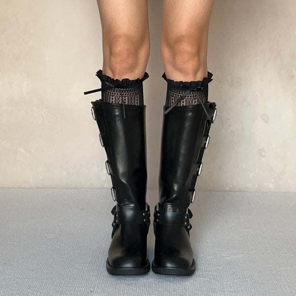 Black Ruffle Fishnet Knee High Socks