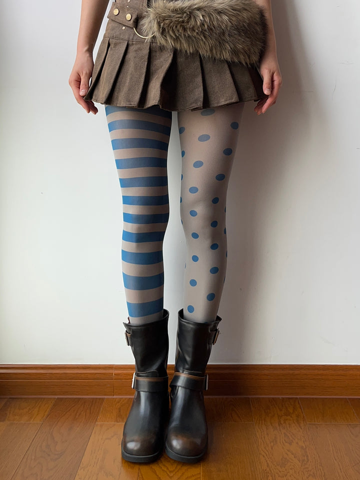Blue Asymmetrical Polka and Stripe Pattern Print Tights – Moody MuMu