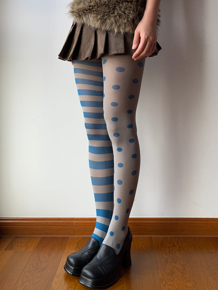 Blue Asymmetrical Polka and Stripe Pattern Print Tights – Moody MuMu