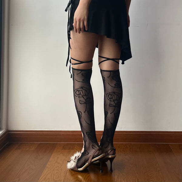 Black Rose Pattern Cut Out Over the Knee Socks