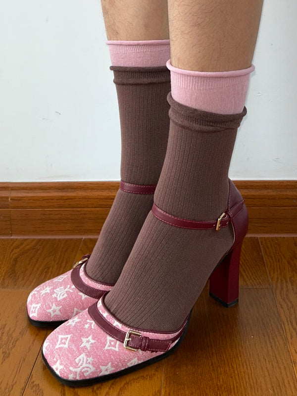 Upgraded Brown Contrasting Cotton Crew Socks