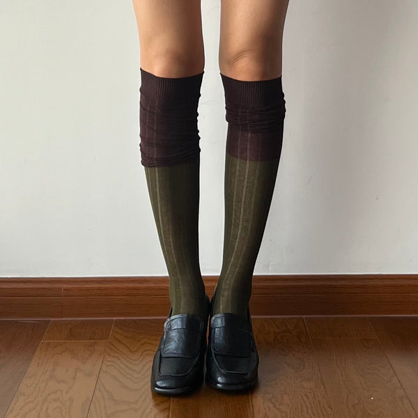 Olive Green+Brown Contrasting Over the Knee Socks