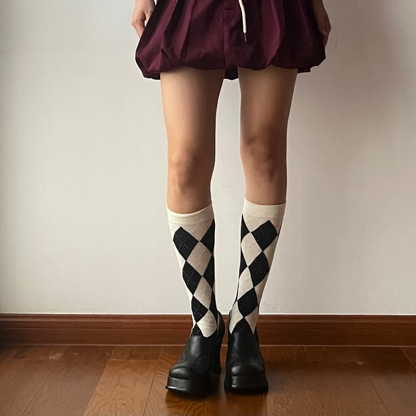 White Check Pattern Knee High Socks