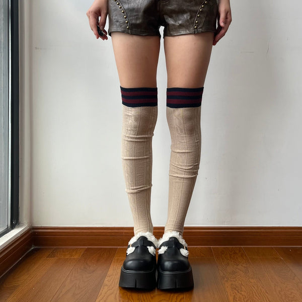 Khaki Contrasting Over the Knee Socks