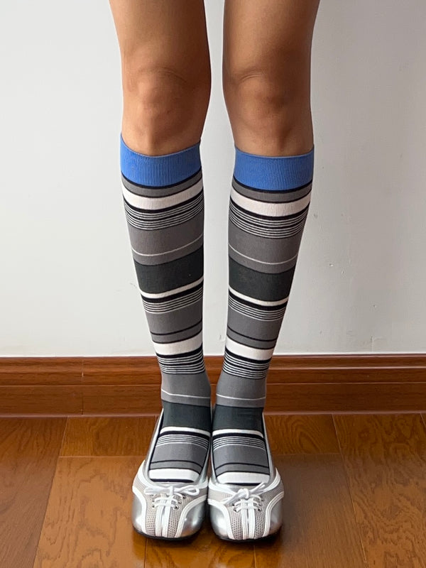 Blue Stripe Cotton Knee High Socks
