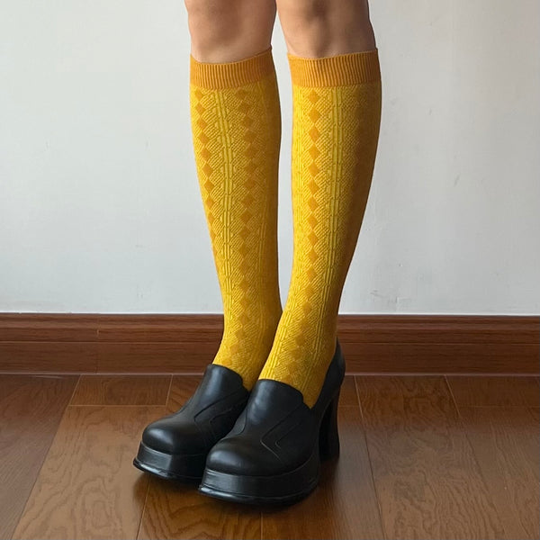 Vintage Yellow Geometry Pattern Cotton Knee High Socks