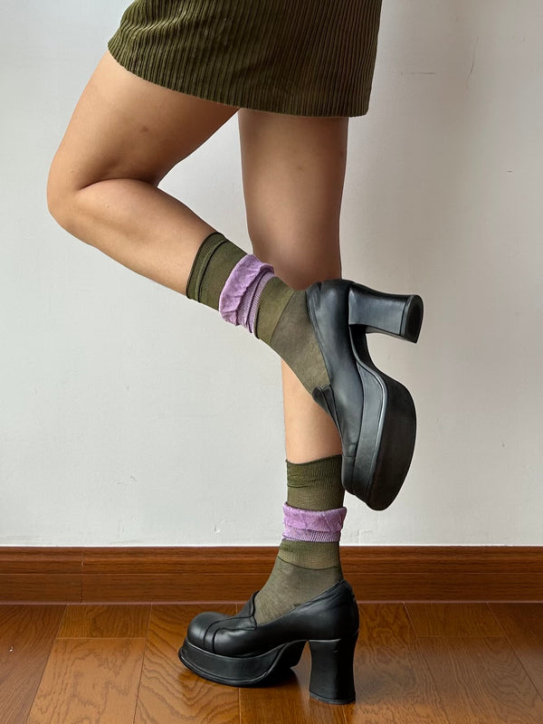Green+Purple Ruffle Cotton Crew Socks