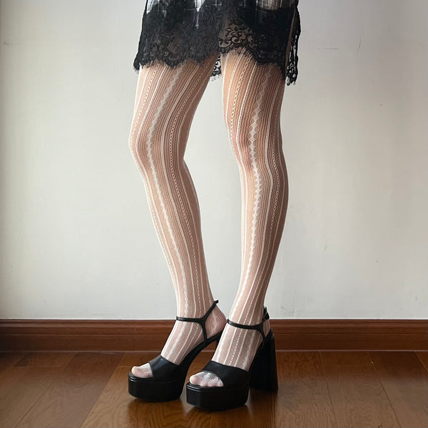 White Stripe Pattern Fishnet Tights