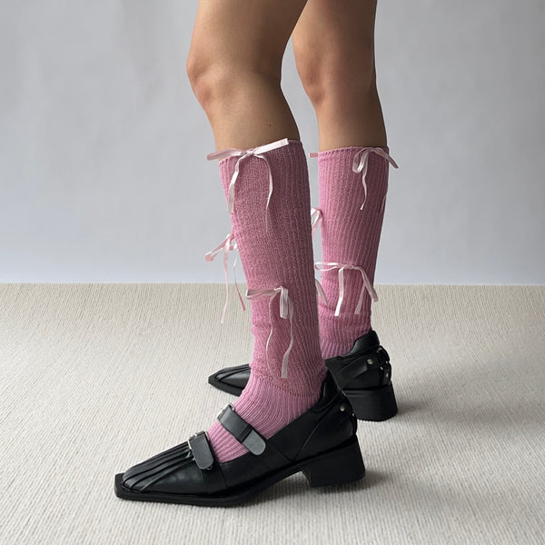 Pink Metallic Bow Deco Cotton Knee High Socks