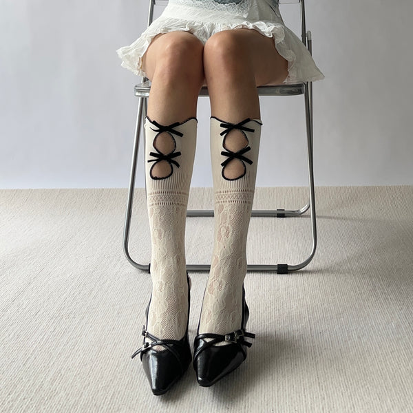 White Bow Deco Cut Out Knee High Socks