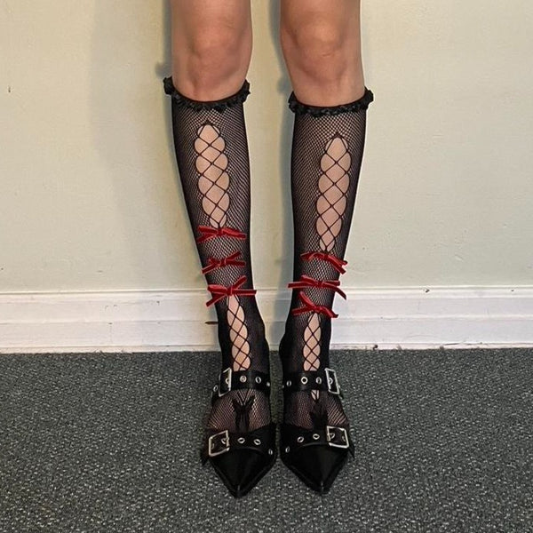 Red Velvet Bow Deco Cut Out Knee High Fishnet Socks