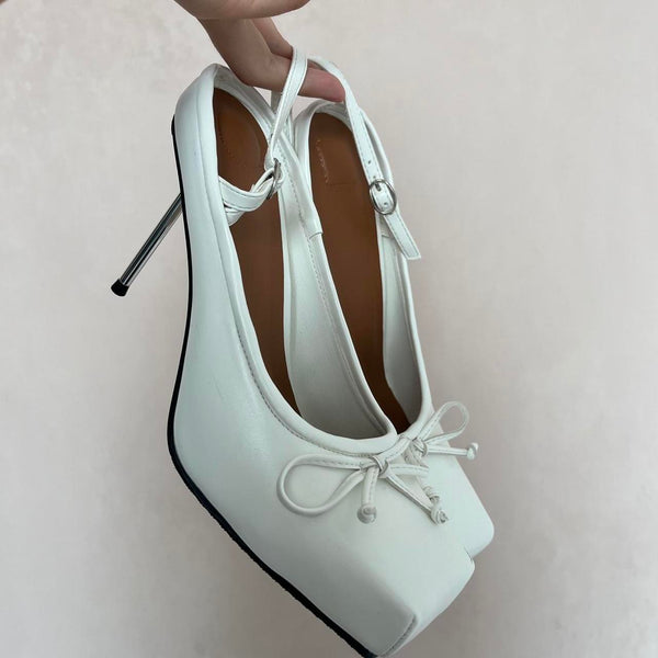 White Ballet Style Bow Deco Heels